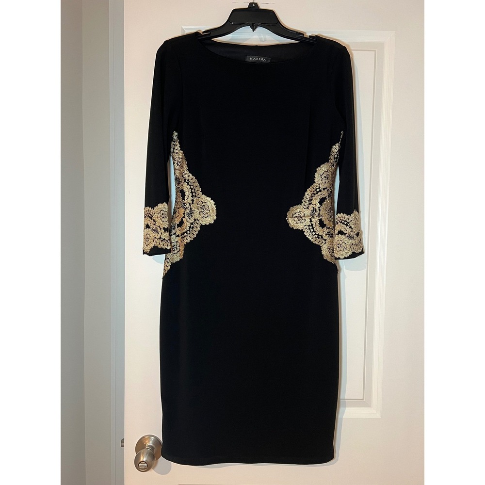 Marina Black and Gold Embroidered Midi 3/4 Sleeve Dress size 4 Wedding Formal